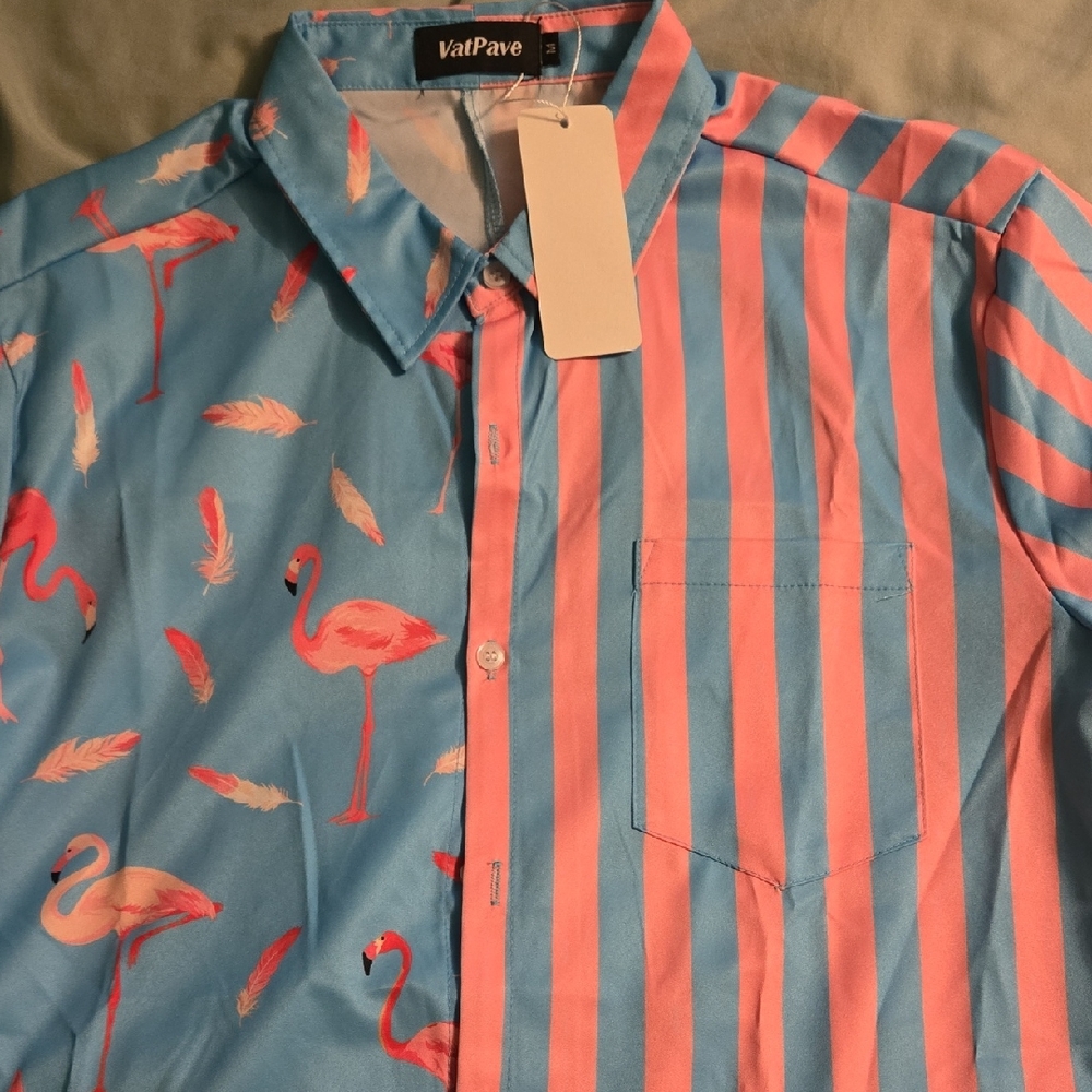ValPave Men's Flamingo and Stripe Casual Shirt - Blue and Pink